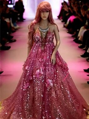 SHAYLA Pink Sequin Boho Backless Wedding Ballgown